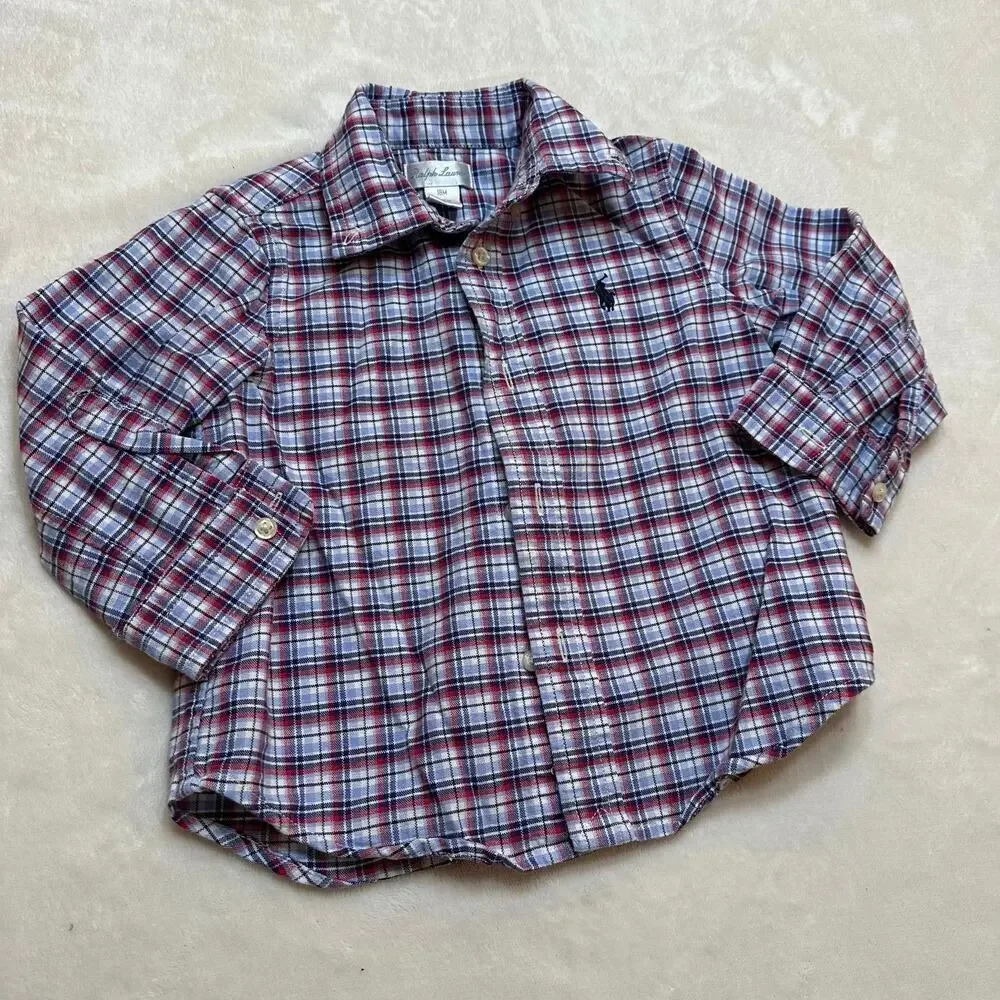 Ralph Lauren Plaid Button Down Shirt sz 18 M Red White Blue Plaid Preppy Classic